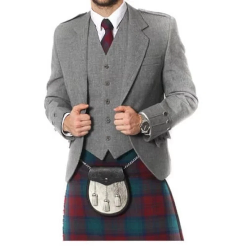 Men's Grey Wool Argyle Kilt Jacket With 5 button Vest Scottish Wedding jacket