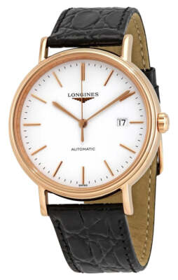 Longines Presence Automatic Rose Gold PVD Black Leather Mens Watch