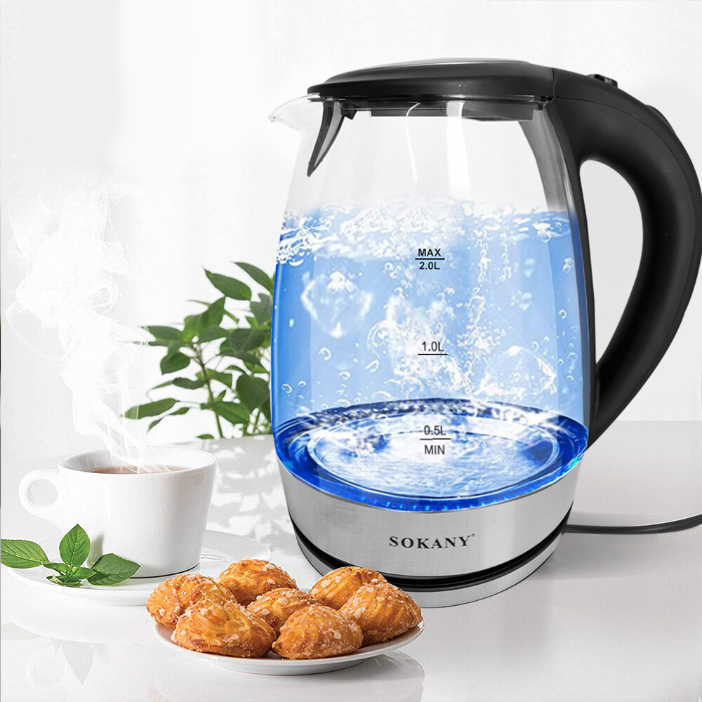 Sokany Wasserkocher 2 Liter GlasTeekocher LED Beleuchtung 2000W Edelstahl
