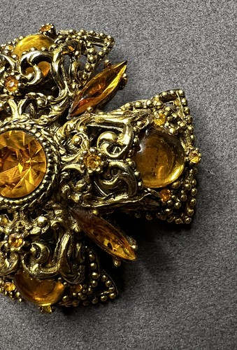 Selini? Amber Gold tone Rhinestone Maltese Cross Brooch Pendant Necklace Vintage - Picture 2 of 11