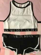 New Victoria's Secret Bralette Crop Top  & Shortie Set  Black&White Small N5588