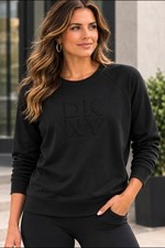 DKNY Sport Women s Sweatshirt Black Embossed Logo Crewneck Pullover Size L NWT