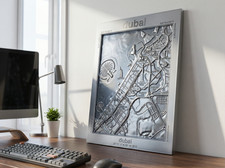 Dubai Liquid Chrome City Map Poster ? Futuristic Skyline & Palm Jumeirah Wall Ar