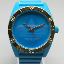 Adidas Originals Watch Mens 41mm Blue Gold Tone Bezel Trefoil Logo New Battery