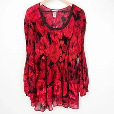 Catherines Red Roses Embellished Crinkle Dressy Top Valentine's Romantic 4X