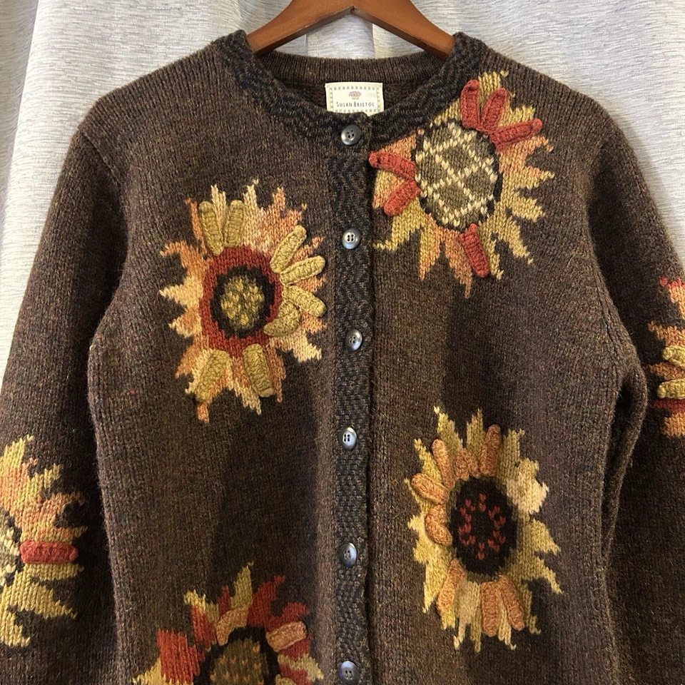 Винтажный женский шерстяной кардиган на пуговицах с вышивкой подсолнухом Susan Bristol свитер M - Изображение 3 из 4
