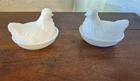 Vintage Two SMALL Milk Glass Hens on Nest Trinket Candy Dish Farmhouse Easter