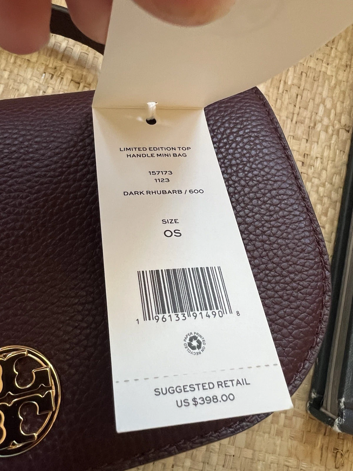 Borsa nuova con etichette TORY BURCH edizione limitata MINI manico superiore in pelle RABARBARO SCURO oro