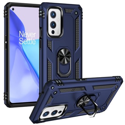 OnePlus 9 5G Shockproof Case with 360° Ring Kickstand & Metal Armor (Blue)