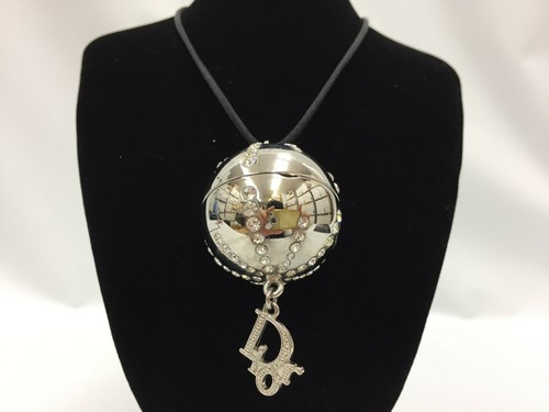 Auth Dior Silver tone mirror Ball motif Fabric Necklace Pendant 1A260160n"