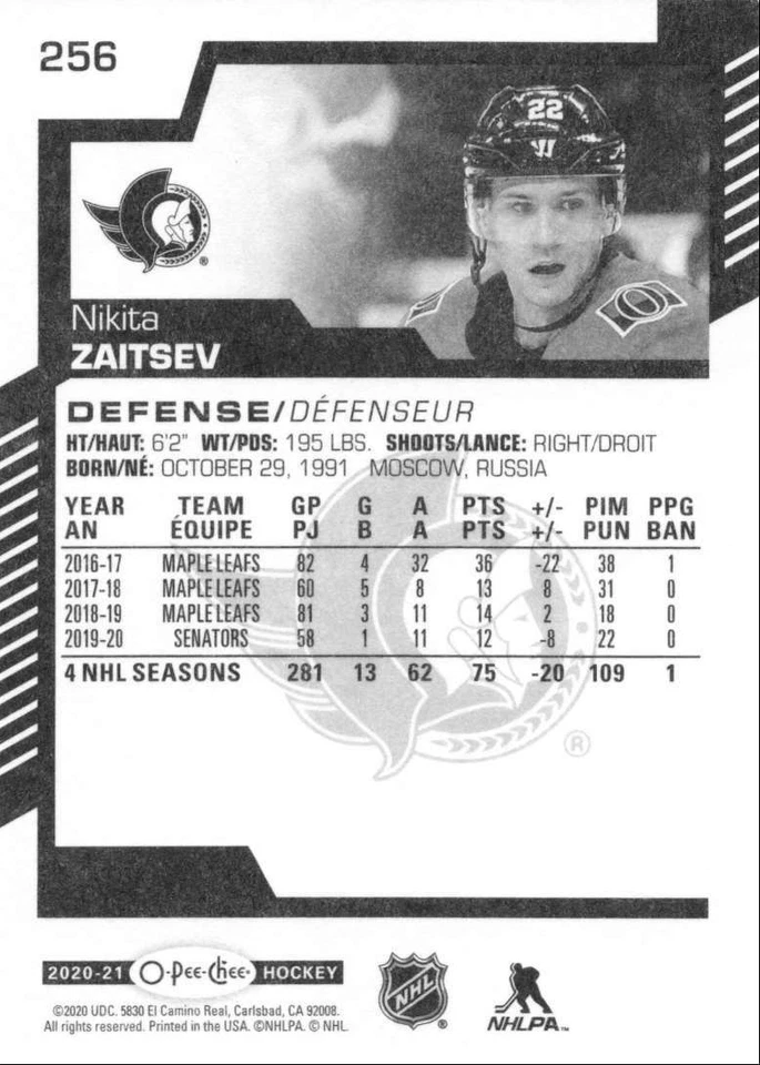 2020-21 O-Pee-Chee Nikita Zaitsev Ottawa Senators #256 - Image 2 of 2