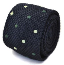 Frederick Thomas Knitted Silk Mens Tie - Dark Navy Blue - Pale Green Polka Dot