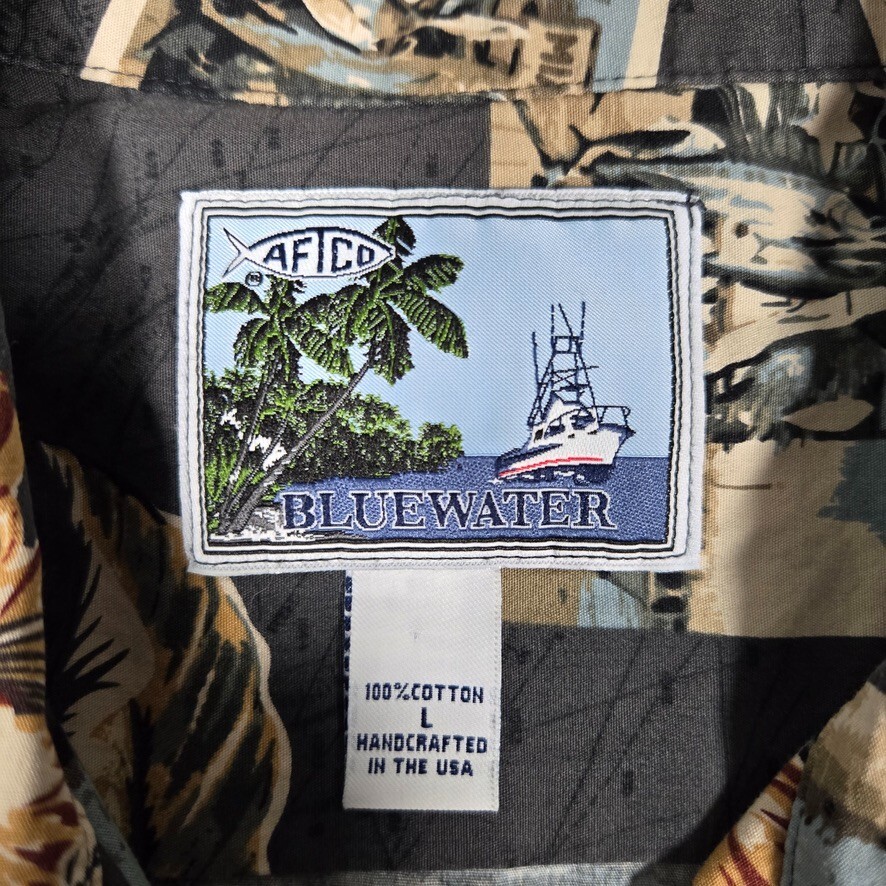 AFTCO Shirt Mens Large Miami Fish Postcards Beach Surf Casual Made in USA Logo