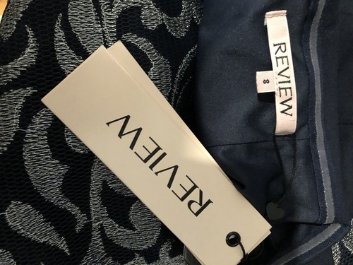 Review 8 Dress Fit Flare Navy Contrast Mesh Silver Print Collared Boat Neckline - Picture 16 of 16