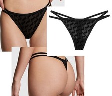 Victoria's Secret Pink Flocked Signature Logo Black Mesh Strappy Thong Panty NWT