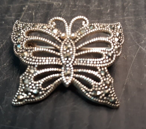 Broche Vintage Papillon Marcasites Argent Sterling Topaze Grenat - Occasion