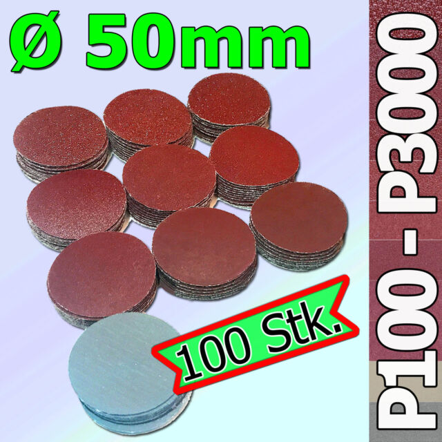 100 Stk. Feinschleifscheiben 50mm P100-P3000 ungelocht Set Exzenter Klett Mix