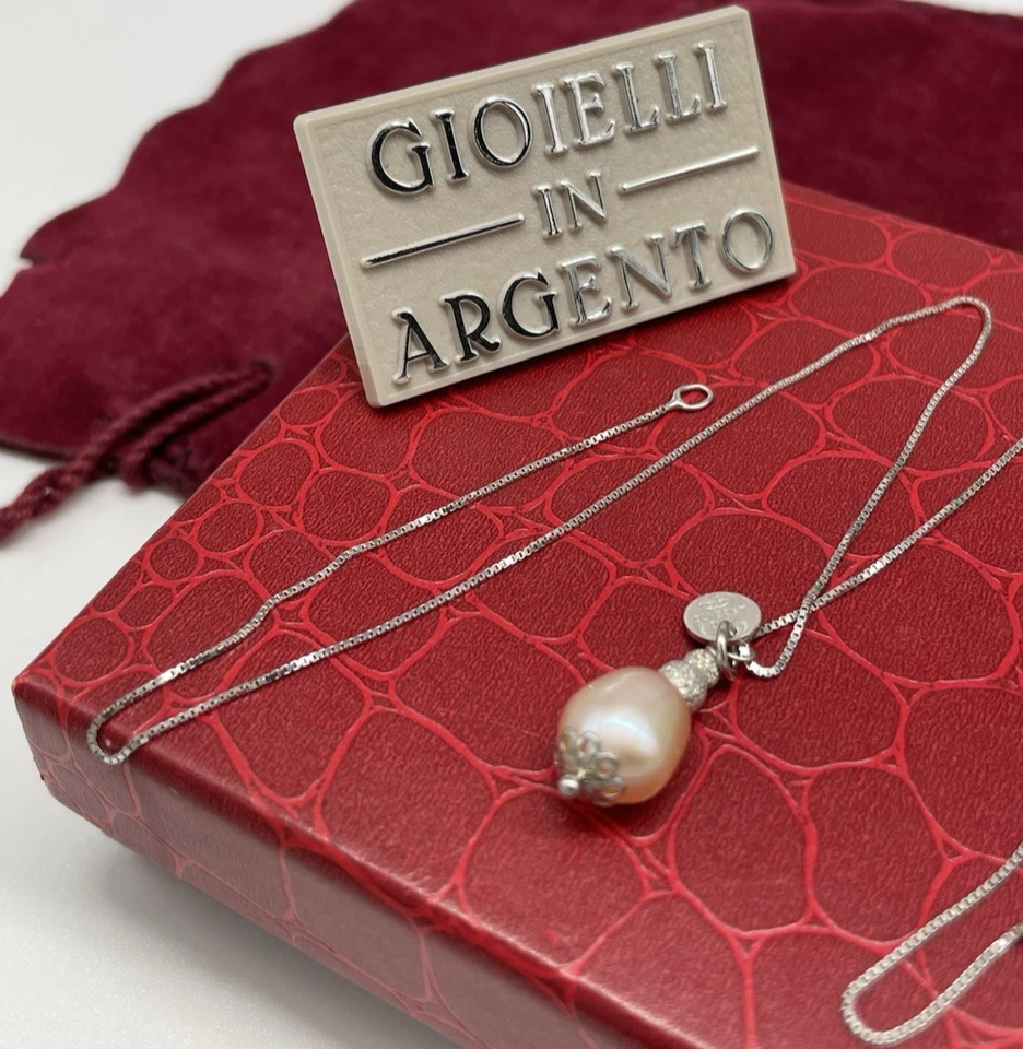 COLLANA DONNA FIRMATA ARGENTO 925 LACCIO CIONDOLO DI PERLA NATURALE ROSA E OVALE - Immagine 4 di 4