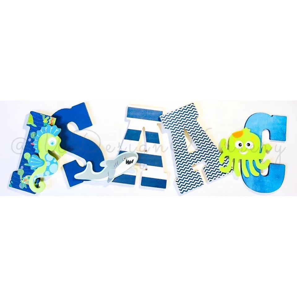 Ocean Themed Wooden Nursery Letters - Custom Shark Ocean Themed For Kids Room - Image 3 of 4