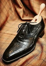 Handmade Mens black Alligators dress shoes, Men Black Crocodile Patterned shoes