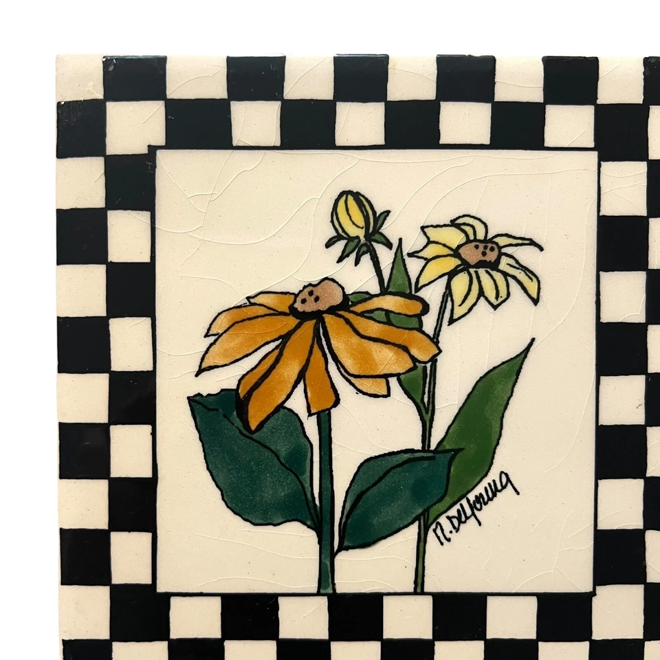 Azulejo de cerámica hecho a mano N De Young arte de pared flores amarillas 6 pulgadas hecho en Inglaterra Foto 2 de 4