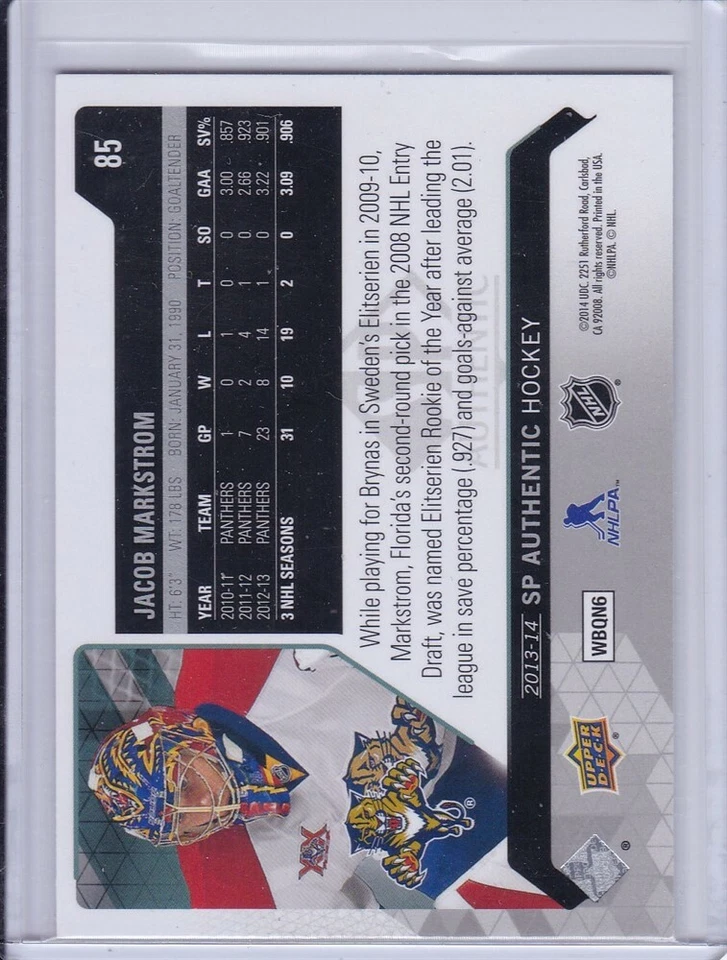 Jacob Markstrom 2013 SP Authentic Hockey Card 85 Grade MT - Image 2 of 2