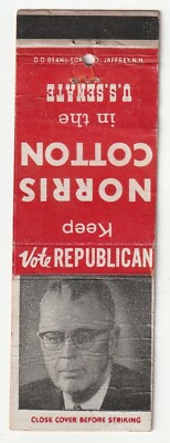 MATCHBOOK COVER VOTE NORRIS COTTON UNITED STATES SENATE NEW HAMPSHIRE SENATOR