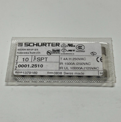 10 SCHURTER Ceramic Slow Blow Fuses NEW! SPT 5 x 20 mm - 4A 250VAC - 0001.2510