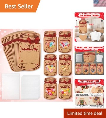 50 DIY Mason Jar Valentine Cards Set with Treat Bags - Perfect for Classrooms