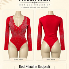 Women  s Red Long Sleeve "L" V Rhinestone Bodysuit Leotard Spandex