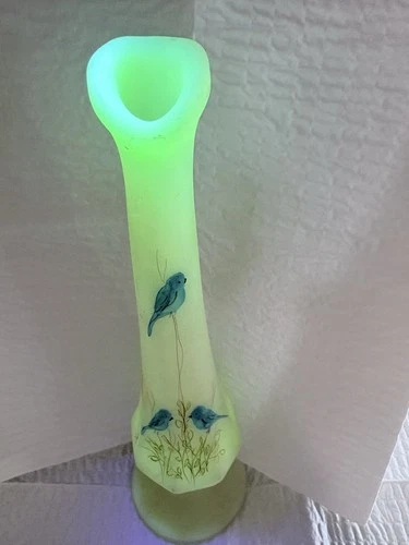 Vintage Fenton Blue Bird Custard Uranium Swung Bud Vase Hand Painted Artist Sign