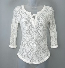 Lace Up White Top Juniors Size Medium Sheer Stretch Coquette Romantic Y2K Fairy