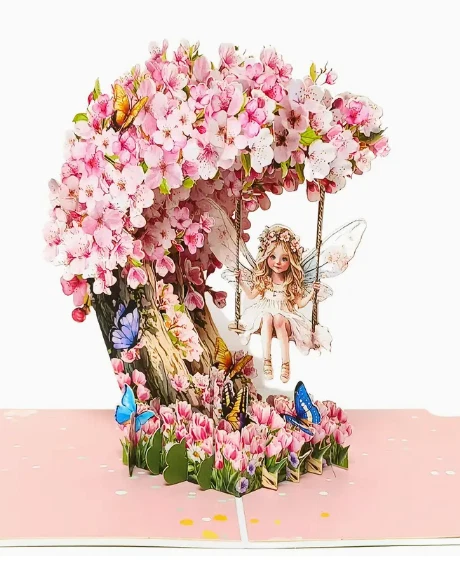 Tarjeta emergente - Tarjeta de felicitación de flor de cerezo, hadas y mariposas Foto 2 de 4