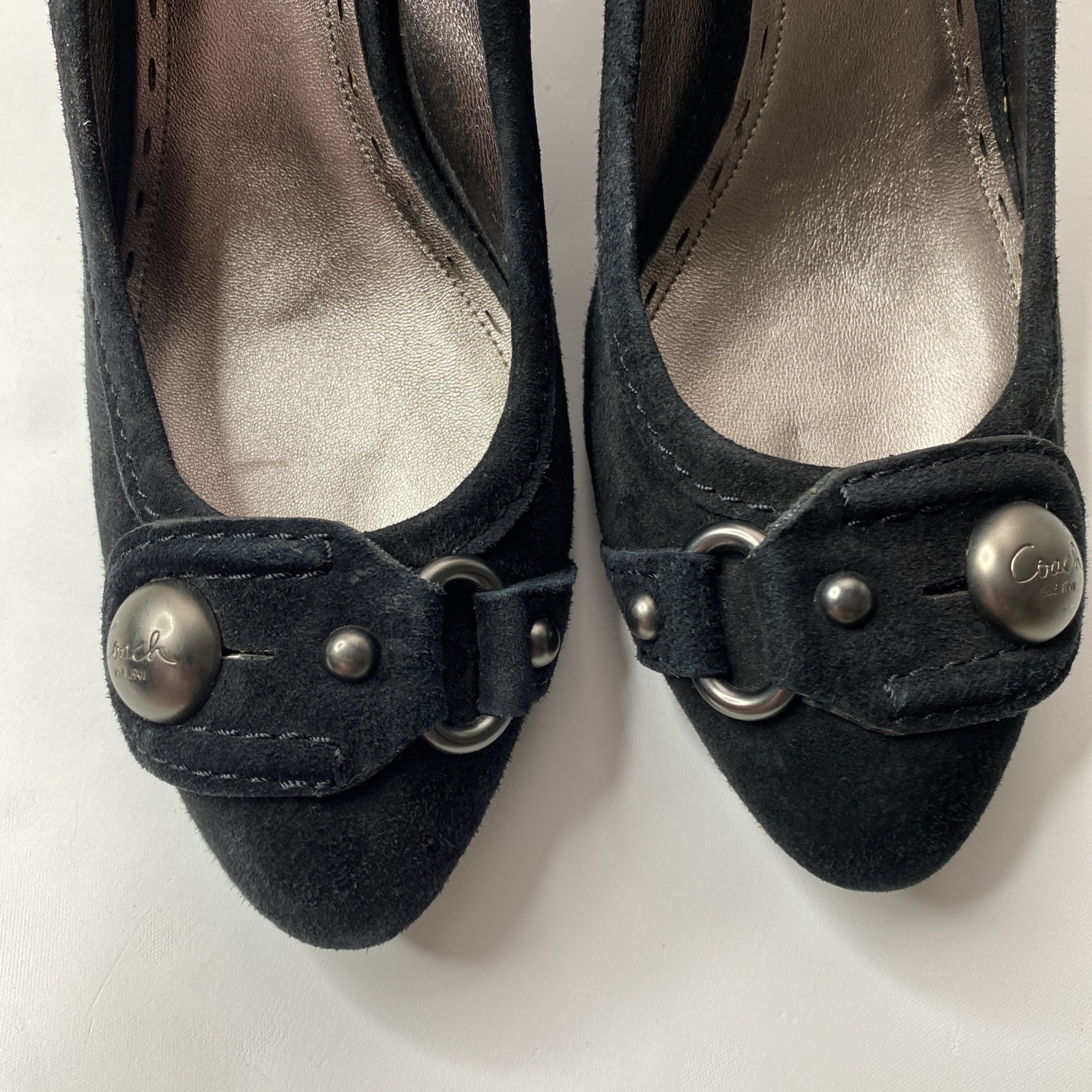 COACH Laney Black Kidsuede Wedges Logo Button Slip-On Pump Heels Size 10B Women thumbnail 7