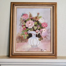 Vintage 1991 Painting Still ART Pink Roses 21x25 Inch Wood Framed Alicia Tilley