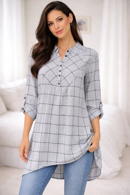 Sundance Grey Black Check Cotton Tunic Dress Hi-Lo Roll Tab Sleeve Women's L