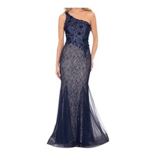 Women's Gown " Xscape" Brand Blue Navy lace mesh one shoulder Beaded Size 10 
