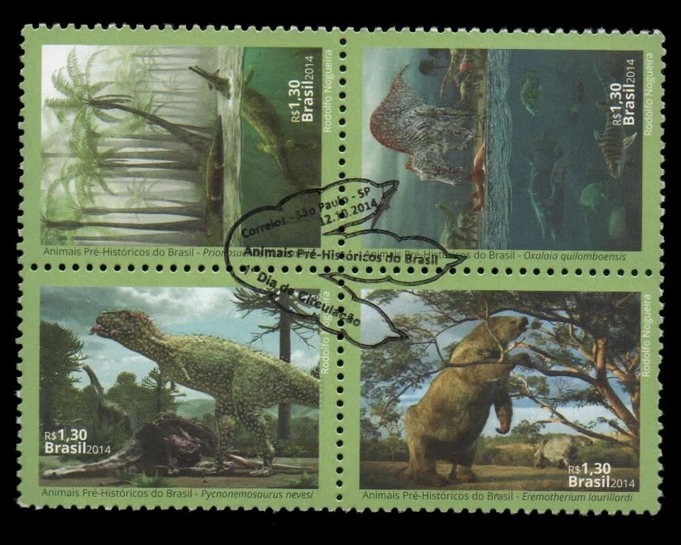 Estampillas en 3D de animales prehistóricos dinosaurios Brasil 2014 Foto 3 de 3