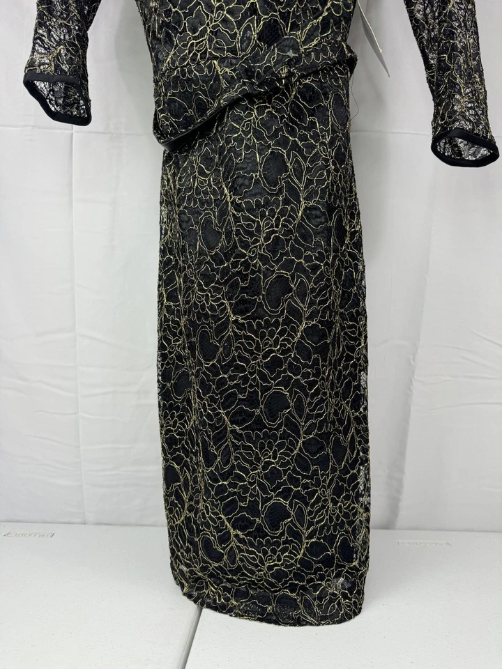 Vestido Theia 10 Alto Nuevo con Etiquetas Baile de graduación Gótico Negro Dorado Encaje Formal Alta Costura Corsé Foto 3 de 4