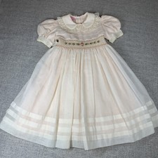 Vintage 1990  s Smocked Girls Dress Size 4 Cream  Coral Gauze Lace Layered Party