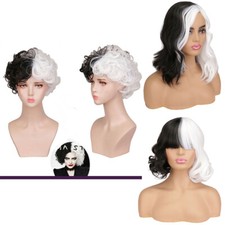 Cruella Cosplay Wig Black White Curly Hair Halloween Party Fancy Dress Up 12''