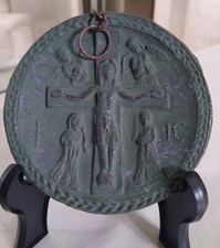 Antica Icona Formella Bizantina Ortodossa Crocifissione Russa Piattino metallo 