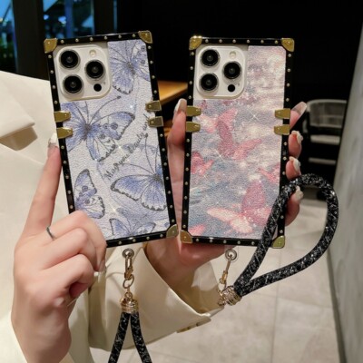 For Samsung Galaxy S24 S23 S22 S21 S20 S10 S9 Cute Bling Butterfly Case w/Strap