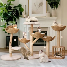 Modern Cat Tree Tower with Wicker Basket Solid Wood Scratching Posts Indoor