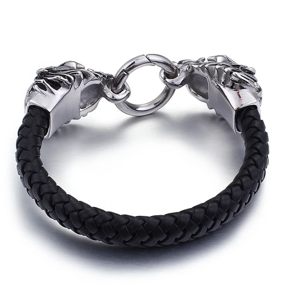 8.46" Stainless Steel Lion Head Braided Black Leather Bracelet for Fashion Men - Image 4 of 4