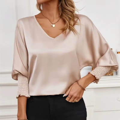 S-XL Elegant Satin Bluse Quaste Kurzärmlig V-Ausschnitt Lose Hemd