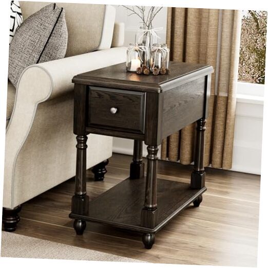 Vintage Black Solid Wood Narrow End Table with Drawer and Open Shelf