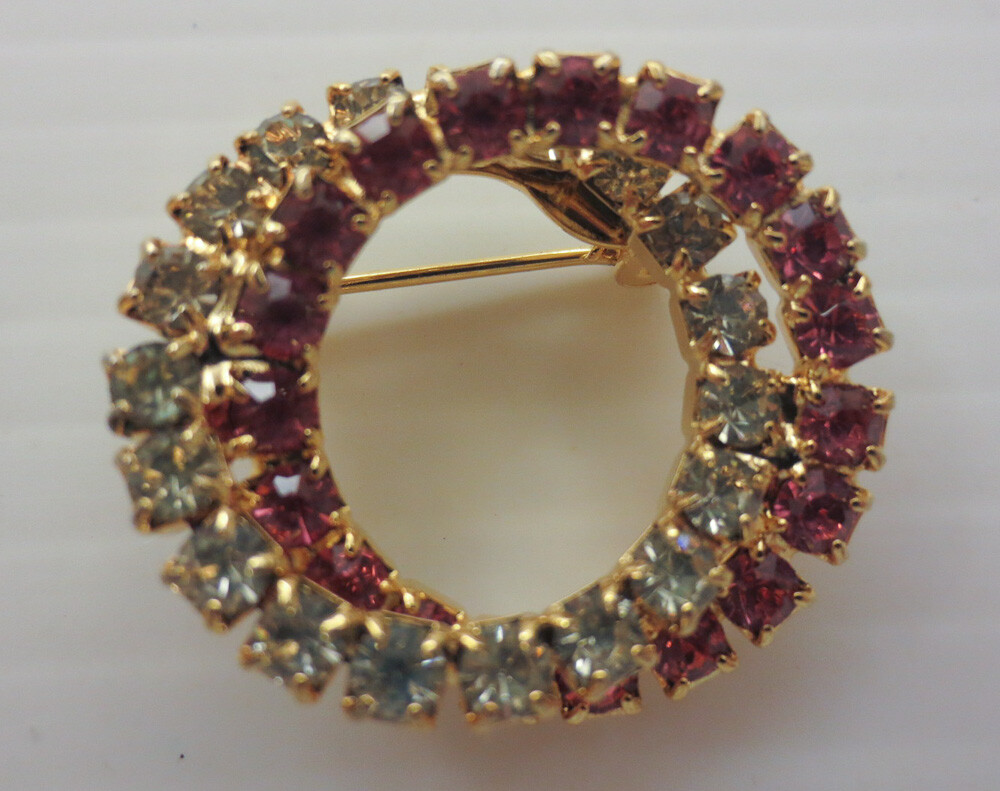 Vintage Gold Plated Pink/Crystal Rhinestone Interlocking Circles