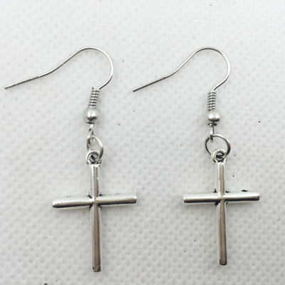 Nice New Simple Classic Tibetan Silver 1'' Cross Charm Hook Dangle Drop Earrings