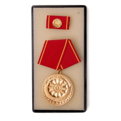 Authentic East German Interior Ministry Gold 20-Year Service Medal with Ribbon